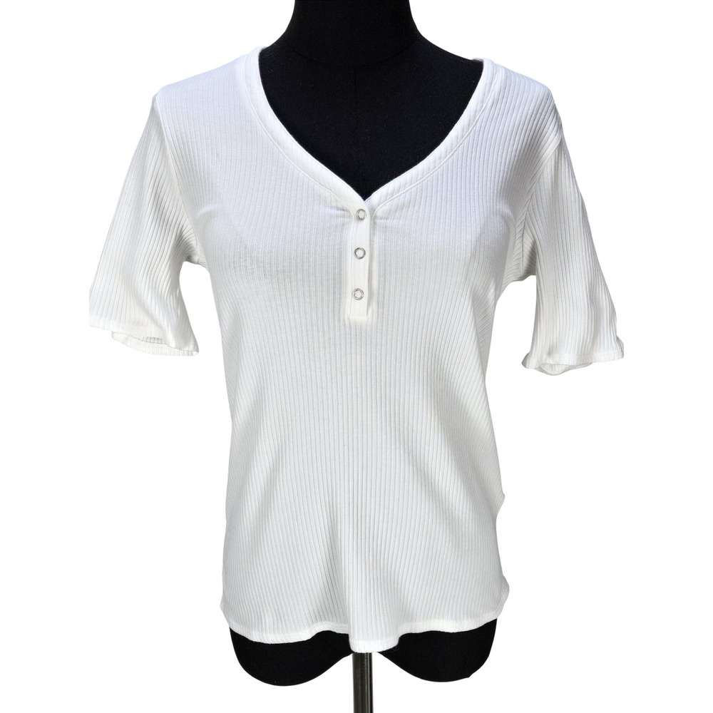 Women's Marie Sixtine Large White Ribbed Cotton Henley Short Sleeve Top